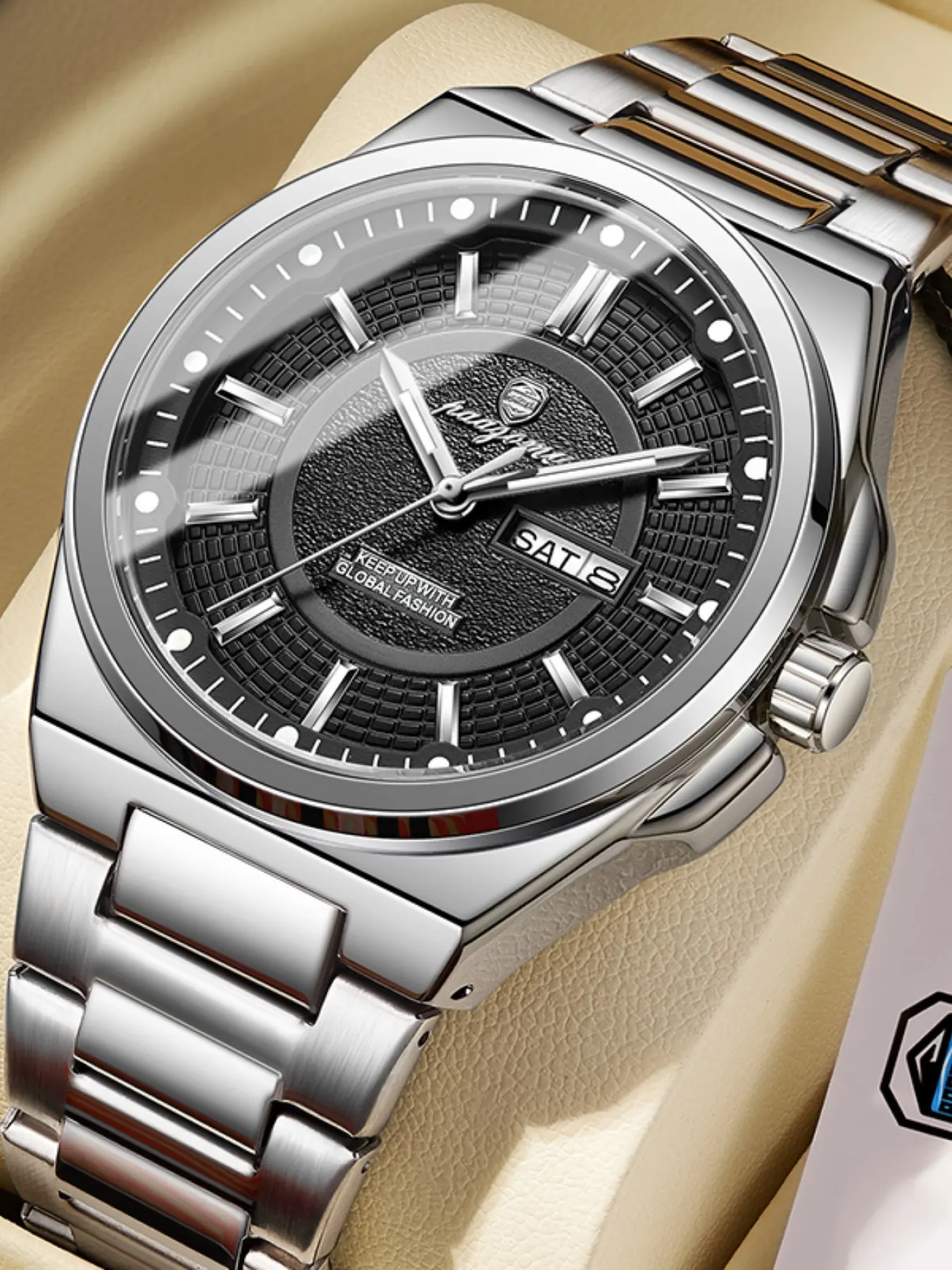 Luxury Design Fashion Elegant Waterproof Night Light Calendar Round Pointer Quartz Watch, Analog Face, Elegant Dial, Alloy Case, All Seasons