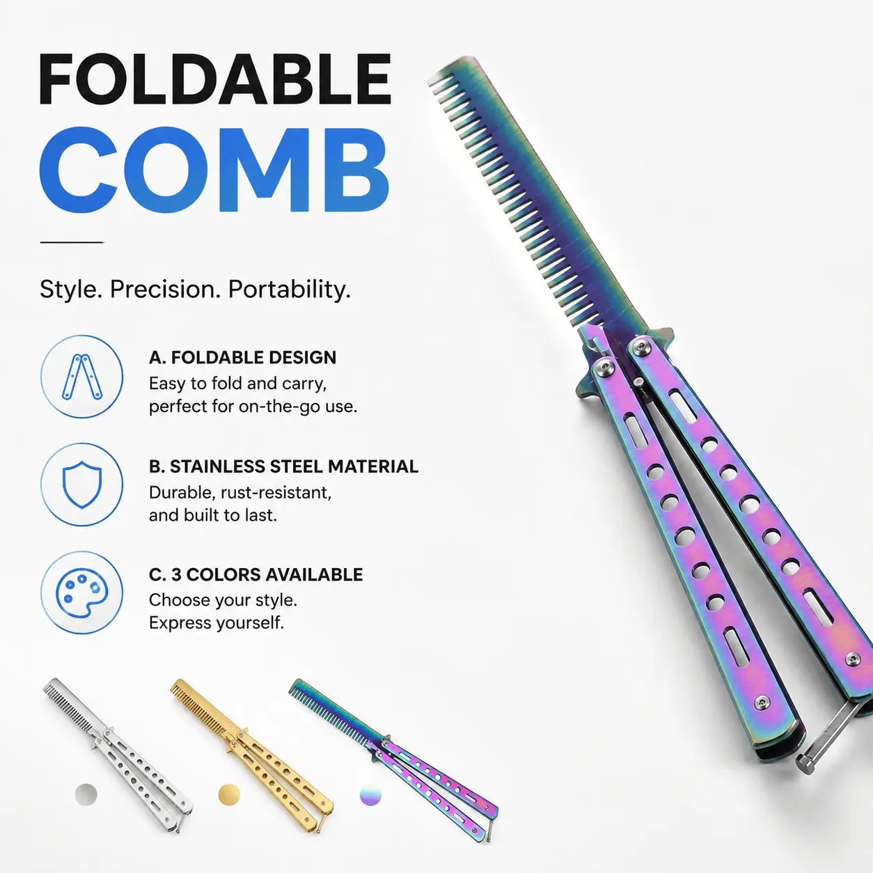 Foldable Stainless Steel Anti-Static Detangling Comb with Rounded Teeth, Portable Professional Hair Styling Tool for Barber Training, Wet & Dry Hair Safe, Non-Slip Rust-Resistant.