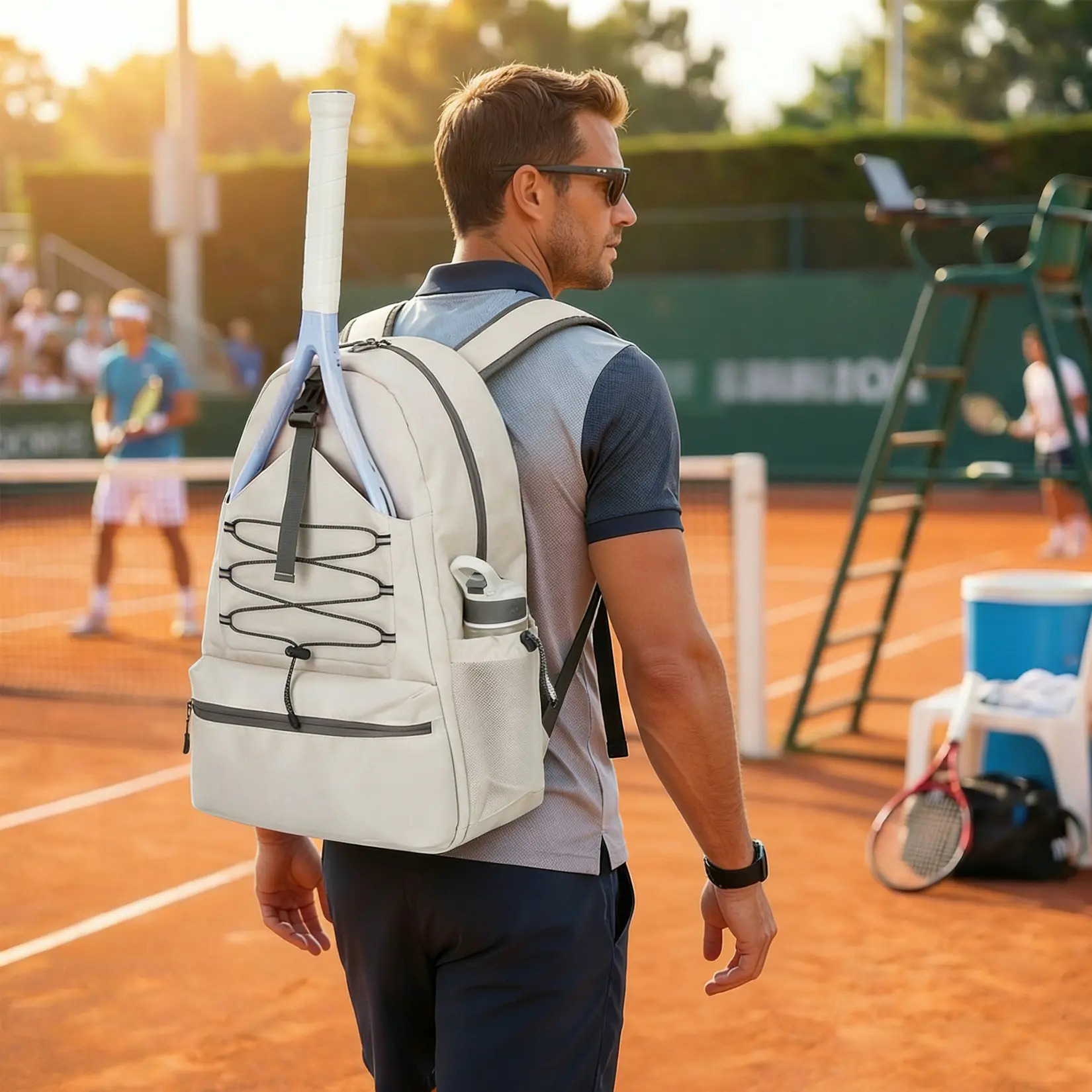 Water-Resistant Tennis Backpack, Holds 2 Rackets - Ventilated Shoe Compartment, Fence Hook, Multiple Pockets - For Tennis/Pickleball/Badminton/Volleyball - Beige, 52 x 40 x 23 cm