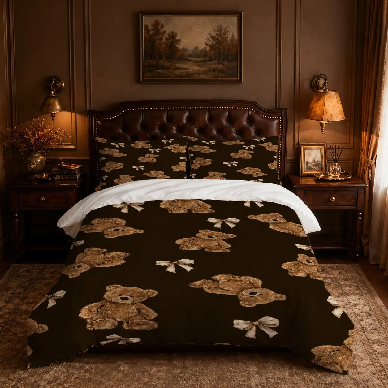2/3‑Piece Duvet Cover Set, Vintage Dark Brown Teddy Bear with Bow Digital Print, 1 Duvet Cover + 1/2 Pillowcases, No Insert, Bedding Decor for Teen Girls' Bedroom & Dorm, Ideal Gift for Teens