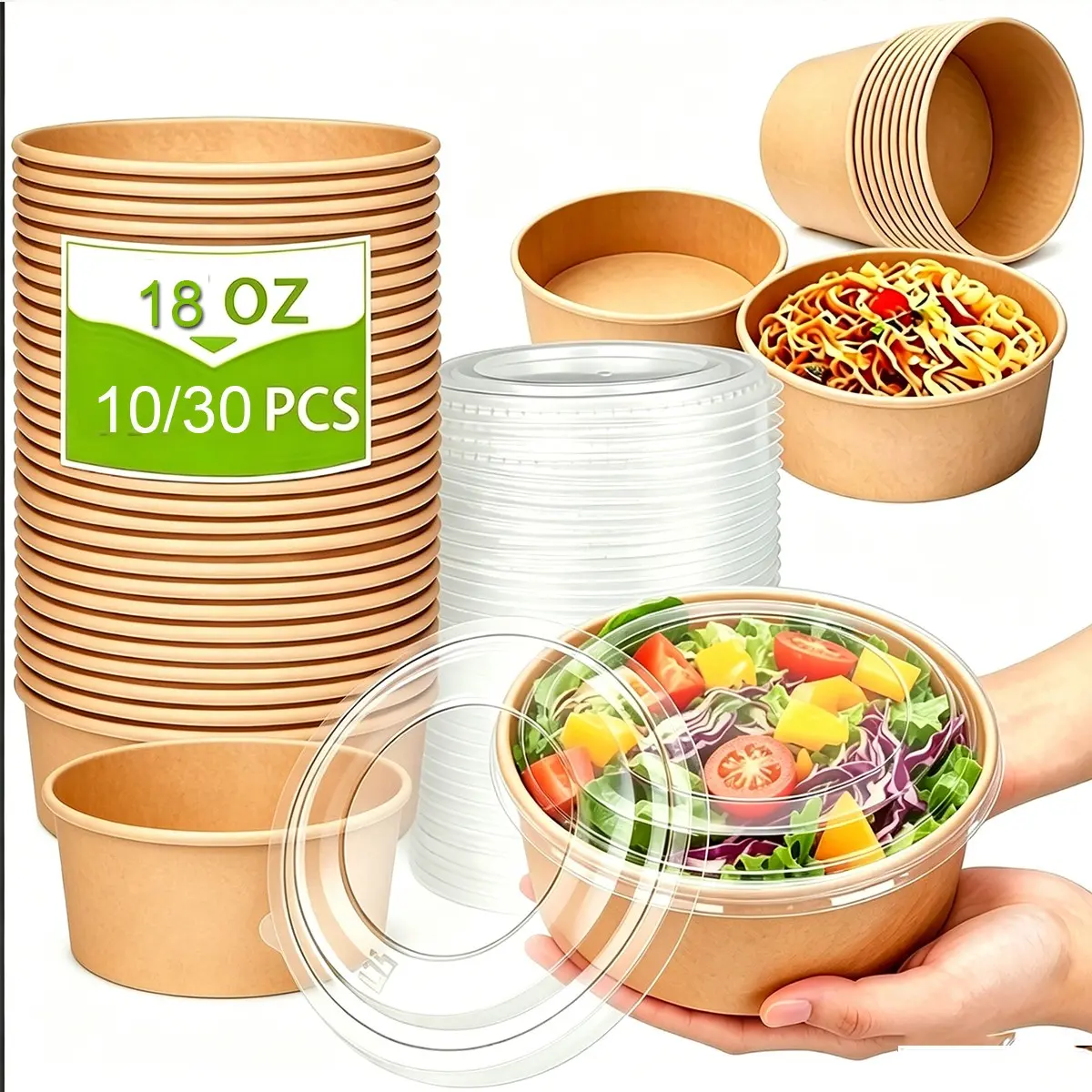 Large Kraft Paper Bowls with Lids, Durable Lightweight Disposable Food Containers, Leak-Proof, Versatile Use, Ideal for Hot/cold Meals, Party Supplies