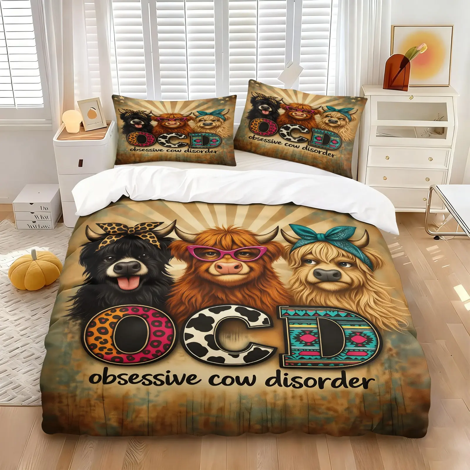 Retro Funny Highland Cow Art Duvet Cover Set, 1 Quilt Cover& 1 or 2 Pillowcase, Cute Highland Cattle, Leopard Cow, Aztec OCD Alphabet Design, Lightweight Breathable Fabric, Perfect For Bedroom  & Western Farm Theme Decor