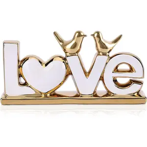 LCCCK Love Sign Statue and Gold Love Birds Figurines, Modern Animal Home Decor Knick Knack, Ceramic Bird Statue for Floating Shelf Coffee Table Bookcase TV Stand Accent Side Table Decorative