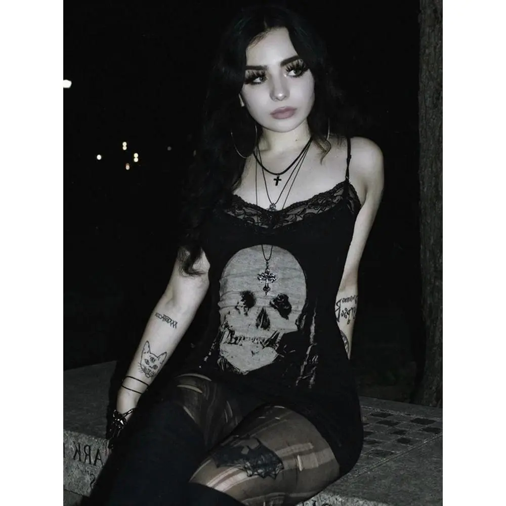 AltGoth Cyber Punk Gothic Dress Women Streetwear Harajuku Skull Printed Sleeveless High Waist Bodycon Dress Grunge Rave Outfits