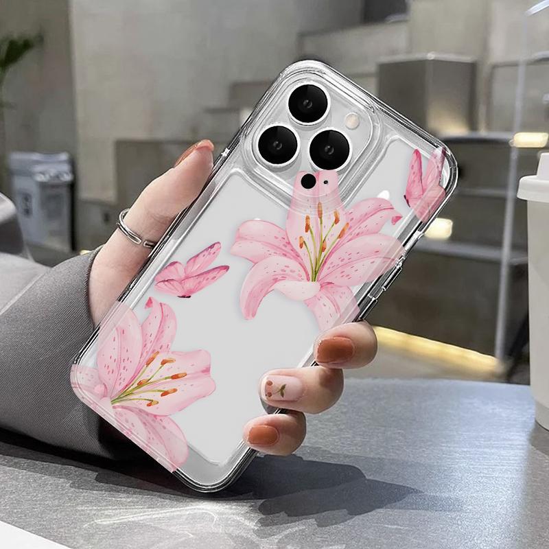 Chic Lily Charm TPU Pattern Phone Case for iPhone 17 15 16 14 Pro Max 13 12 11 XR XS Plus Air  Anti-Yellowing Shockproof Protection Lightweight Transparent Soft Cover Cellphone Protective Durable Protector