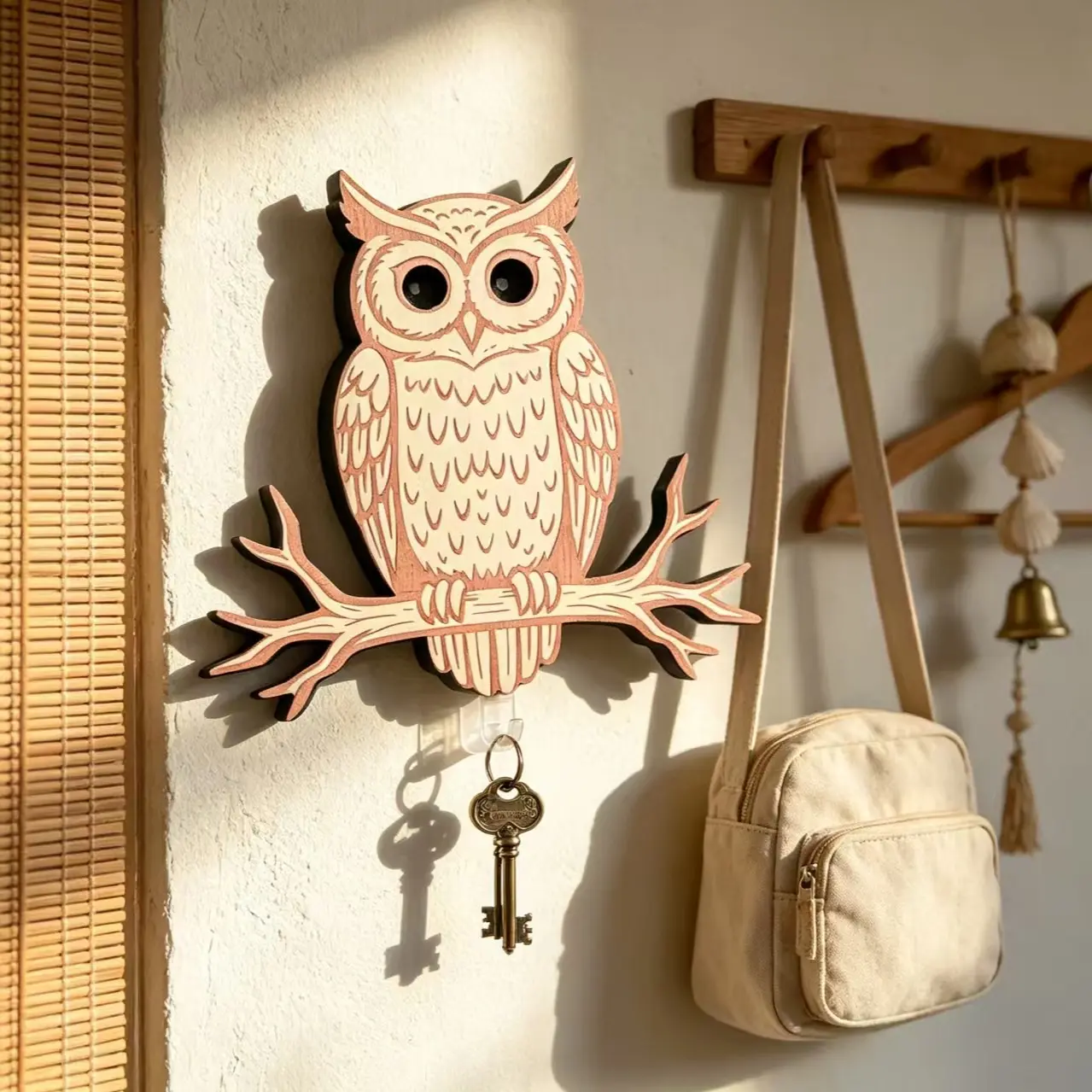 1pcs Owl Tree-Shaped Wooden Hook, Wall-Mounted Key Holder, Creative Home Decor, Butterfly Design, Universal Placement