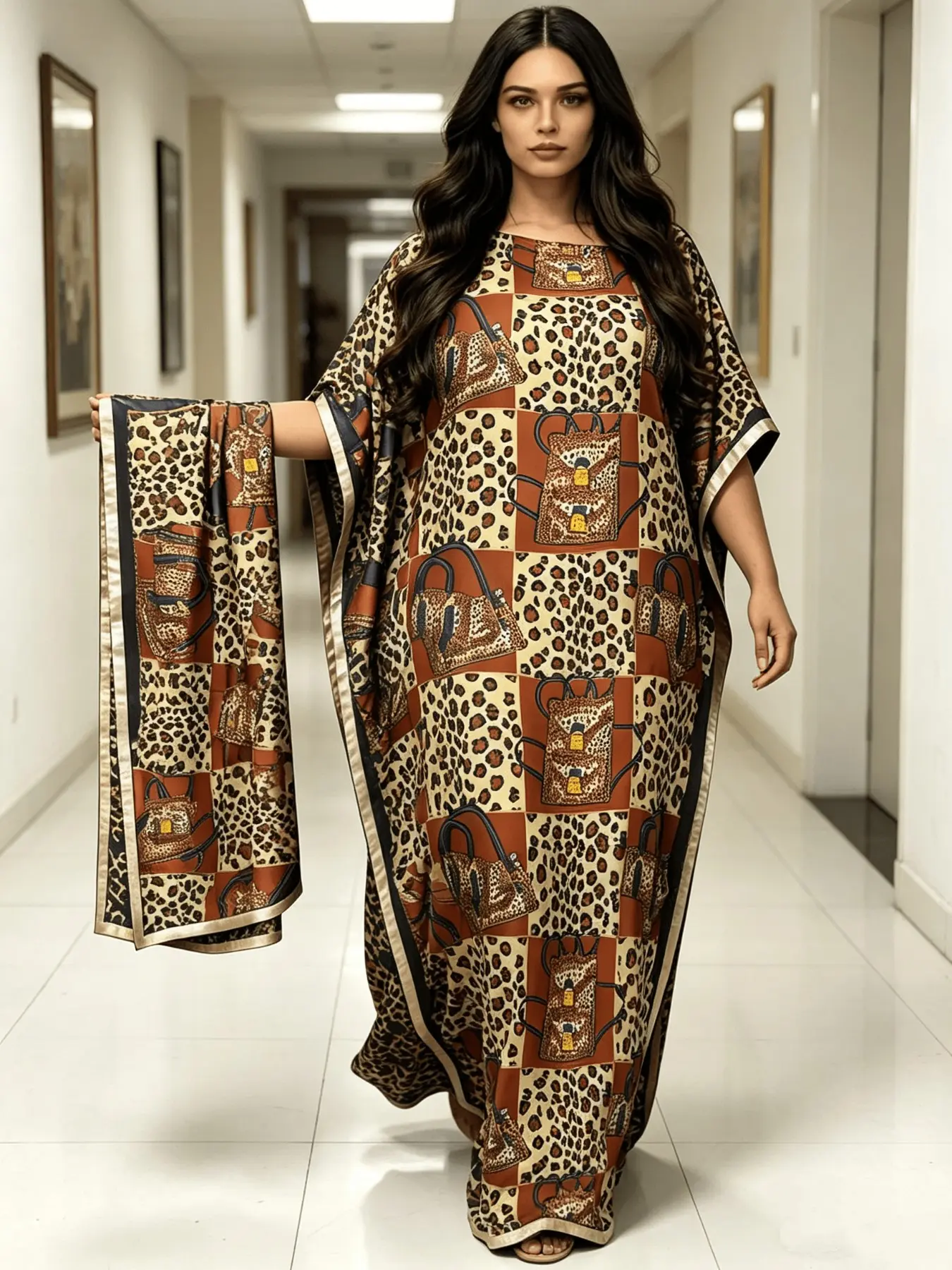 Plus Size Warm Terracotta Brown Check Leopard Luxury Handbag Print Satin Long Kaftan Dress With Matching Headscarf, Silky Oversized Batwing Sleeve Maxi Abaya, Modest Boho Resort Loungewear Robe Vacation Outfit For Curvy Women