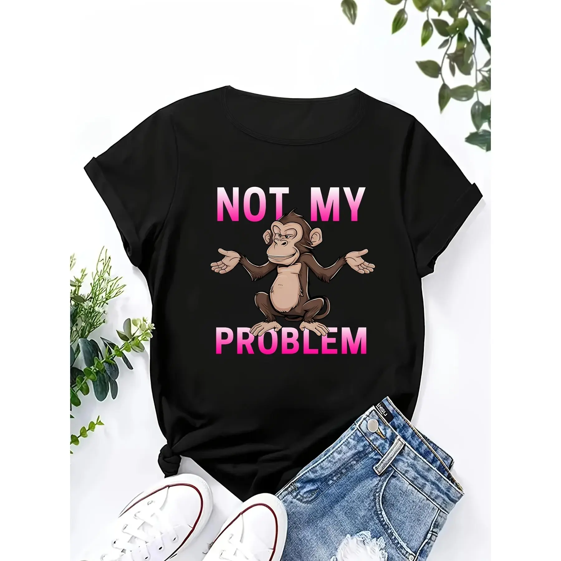 Plus Size - Plus Size - Plus Size Animal Monkey Print T-Shirt, "It's Not My Problem" Casual Round Neck Women's T-Shirt, All-Season Top,Monaco,soft,fashion graphic tee,Versatile,Vintage,Over,Festive,Neck Raglan Compression Shirt,Family,Cute,B,s,comf,tr,gym