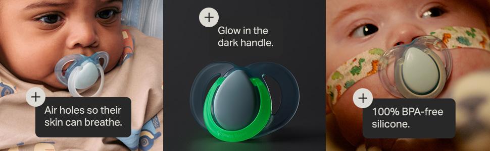 Tommee Tippee Night Time Pacifier, 18-36 Months, Symmetrical Silicone Baglet, BPA-Free Binkies, Glow in The Dark Technology, Green Rainbow, Pack of 6