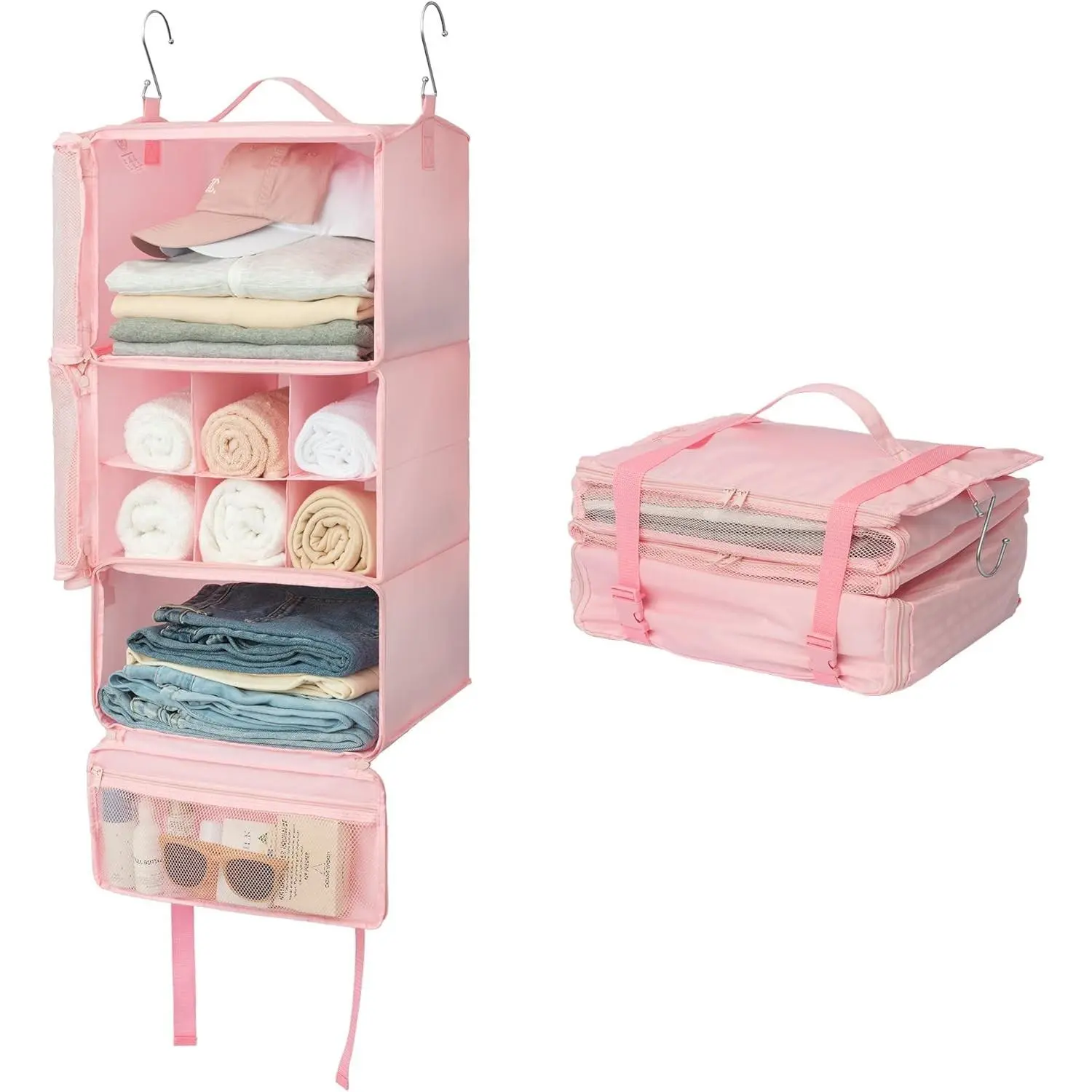 Hanging Packing Cubes for Travel, Large Portable Hanging Suitcase Organizer, Foldable Compression Luggage Organizer Bags for Clothes, Carry on Closet Suitcase, XL-Pink Travel Shelves