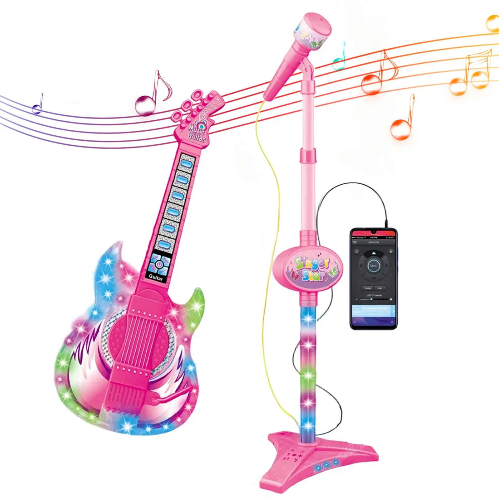Guitar and Microphone Play Set for Girls, Karaoke Machine with Music & Light, Microphone Toys with Stand, Adjustable Height, Guitar Toys for Kids, Birthday Gifts, Christmas Gifts