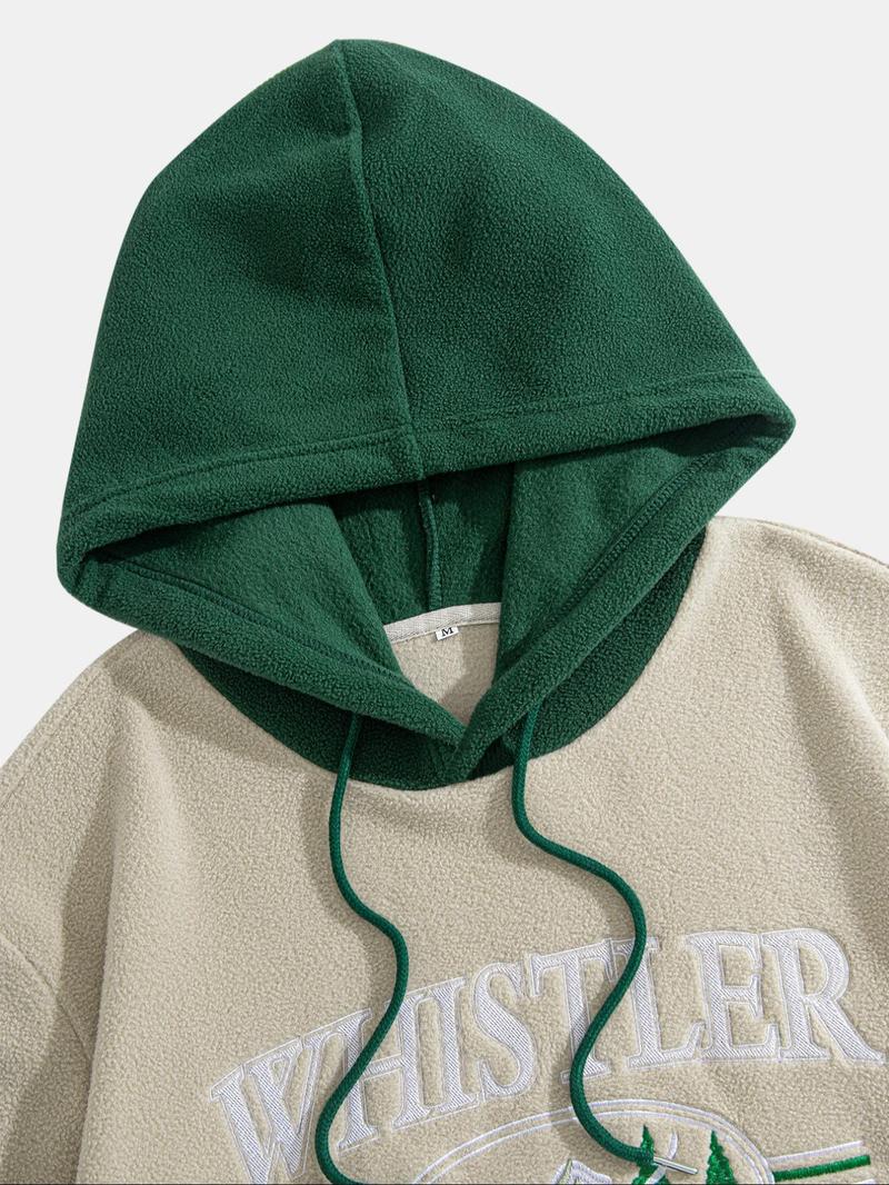 Men's Colorblock Patchwork Letter & Landscape Print Raglan Sleeve Color Contrast Hoodie, Casual Fashion Loose Drawstring Long Sleeve Hooded Sweatshirt for Fall & Winter, Men's Clothes for Daily Wear, Menswear