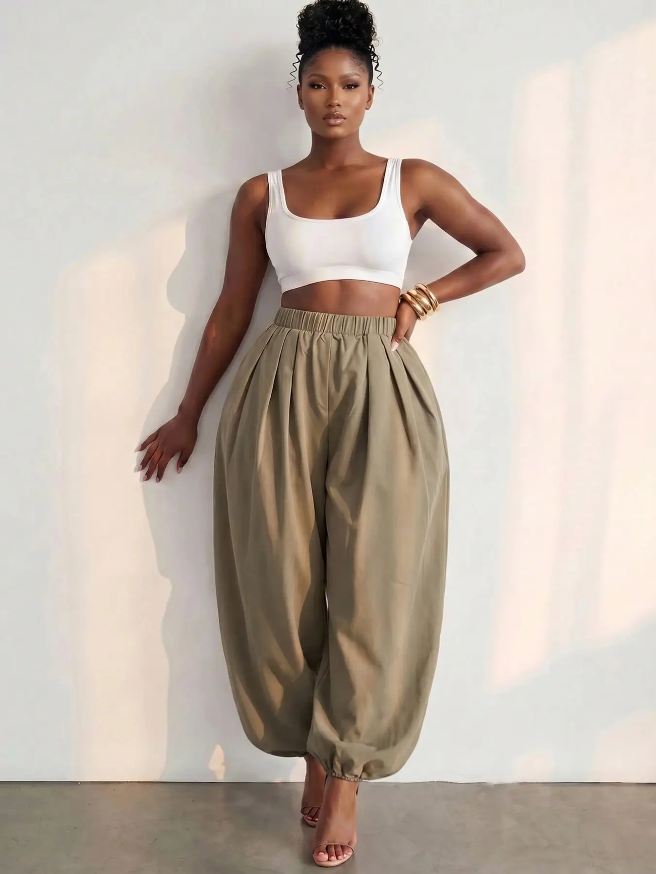 Women's Solid Color Elastic Waist Casual Cuffed Long Pants, Comfortable and Stylish, Perfect for Daily Wear, Available in Multiple Colors