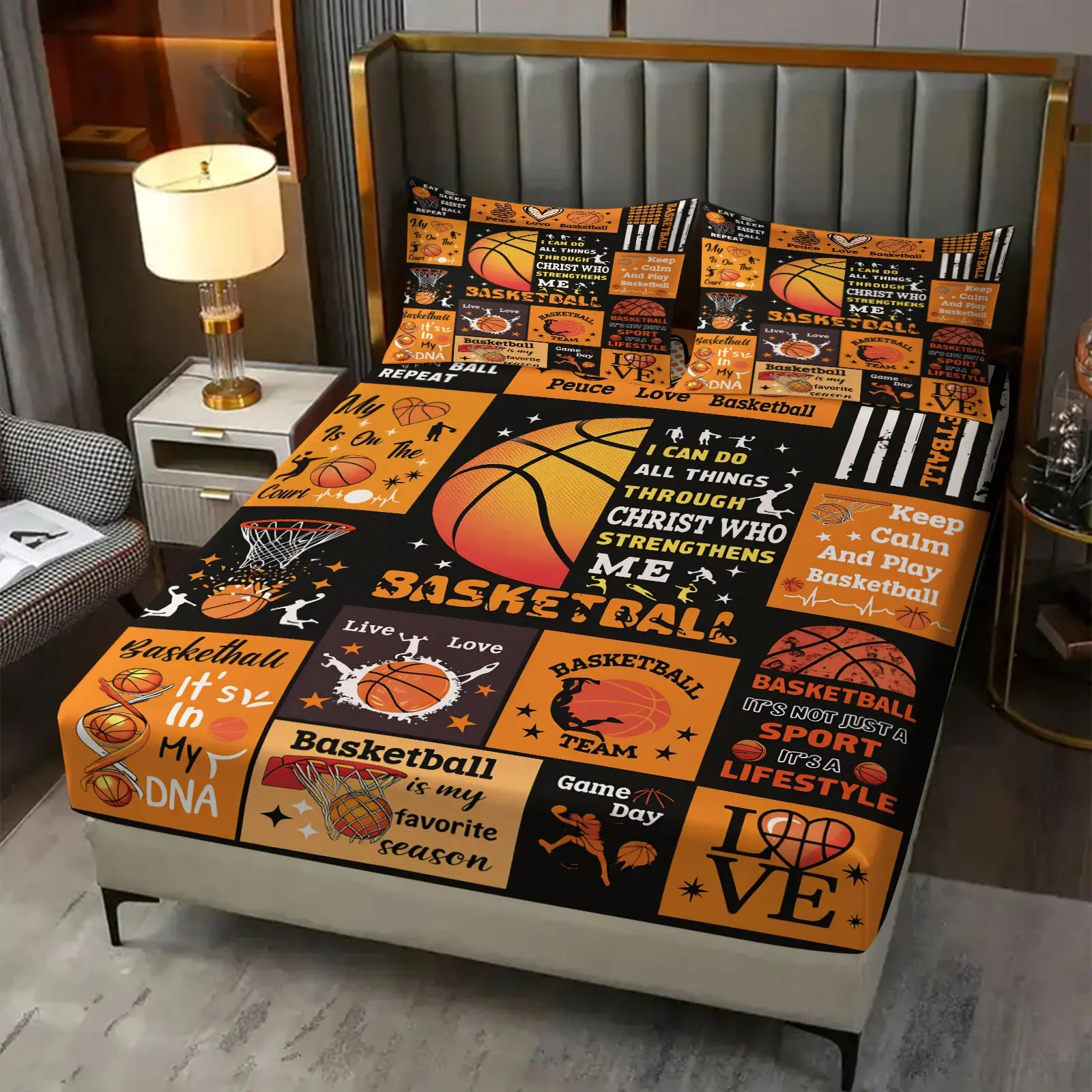 3-Piece Basketball Patchwork-Style Fitted Sheet Set – Motivational Sports Quote Print Bedding Set– Soft & Comfortable, Ideal for Teen Boys' Basketball-Themed Bedroom Decor (1 Fitted Sheet + 2 Pillowcases)