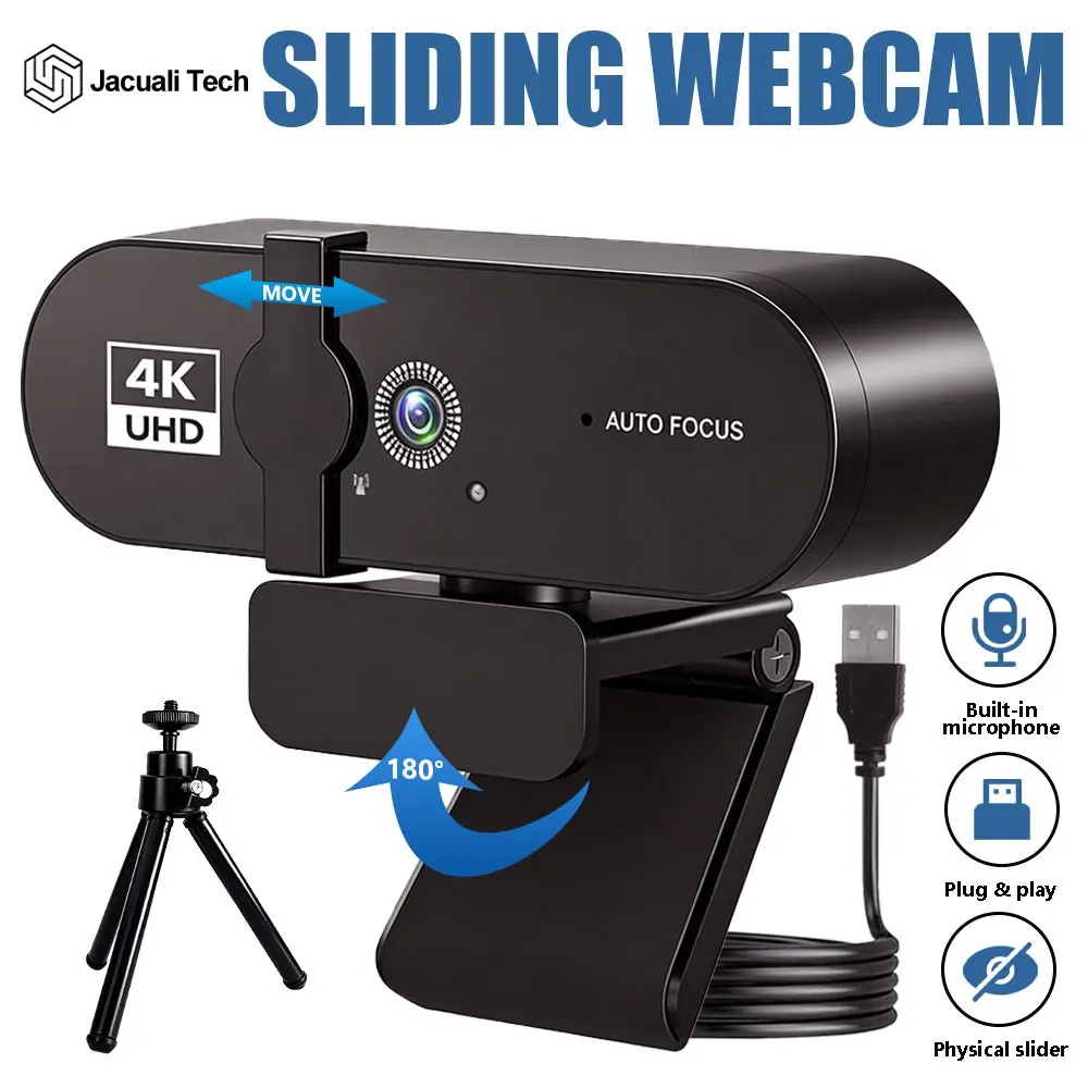 4K Uhd Auto Focus Wide Angle Webcam, Integrated Microphone, Privacy Cover, Adjustable Tripod, USB Camera for PC & Laptop, Zoom Calls, Live Streaming