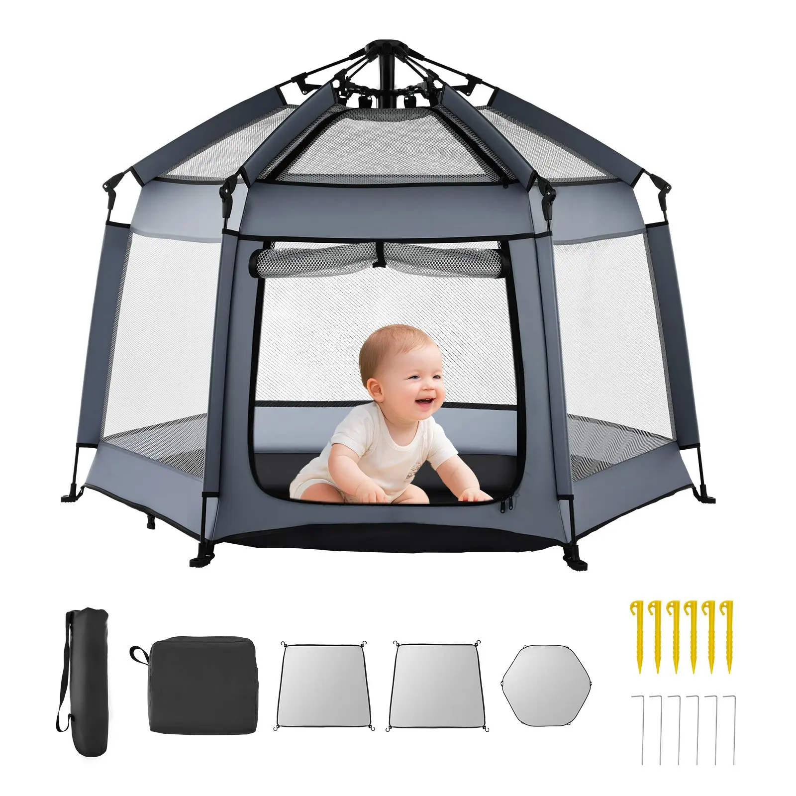 VEVOR Baby Playpen, Pop Up Toddler Playpen with Canopy, Indoor Outdoor Portable Play Yard for Babies Toddlers with UPF 50+ Sunshades Travel Bag for Home Park Beach, Foldable and Lightweight