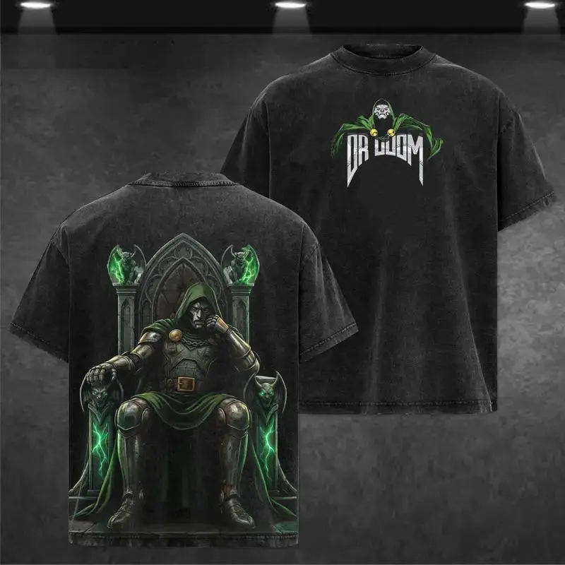 Unisex crew neck short sleeve tee, vintage washed loose villain print top, double-sided Doctor Doom throne streetwear shirt, soft cotton relaxed fit for outdoor daily wear