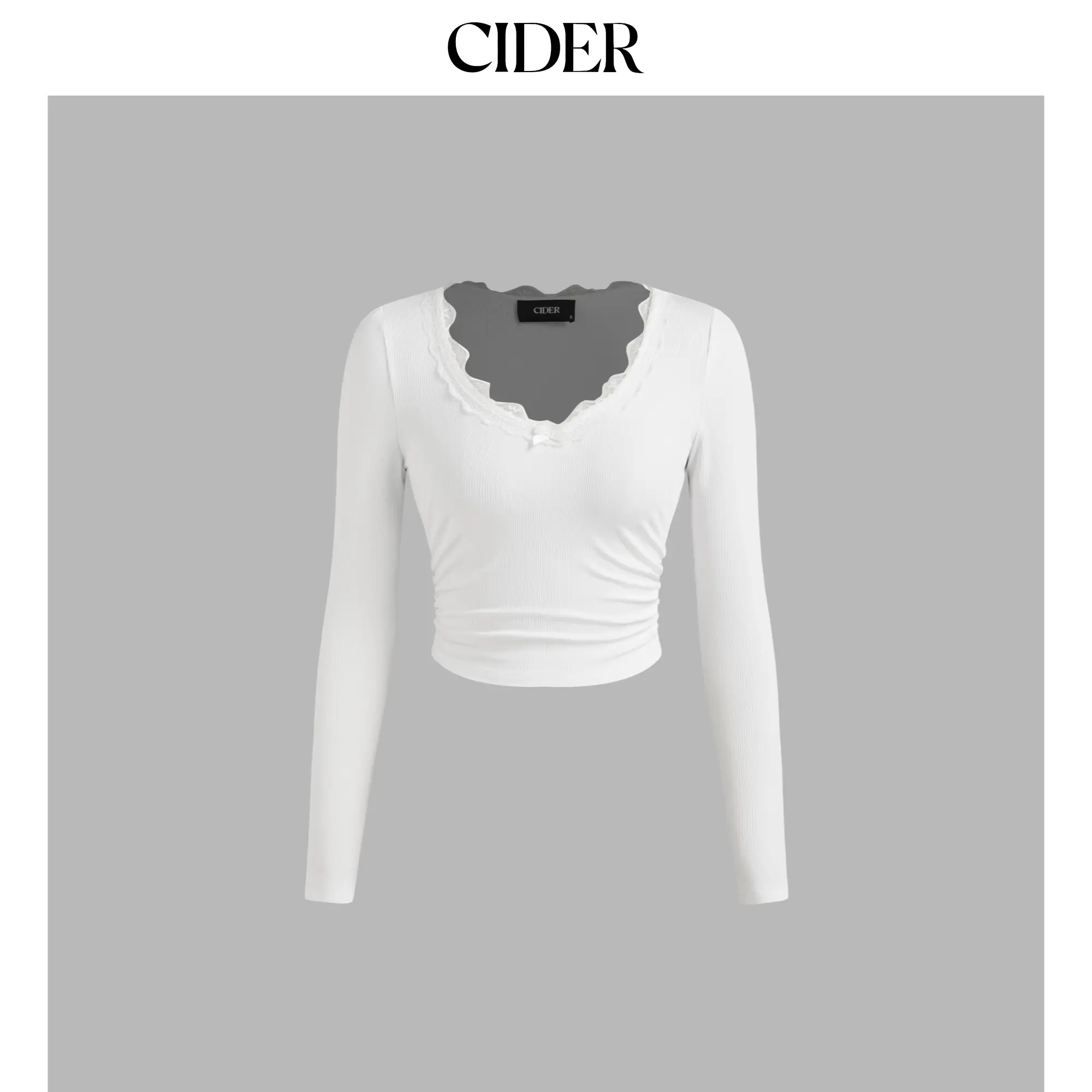 Cider [6 colors, size 0-10] V-neck Solid Bowknot Lace Ruched Long Sleeve Crop Top SummerFinds