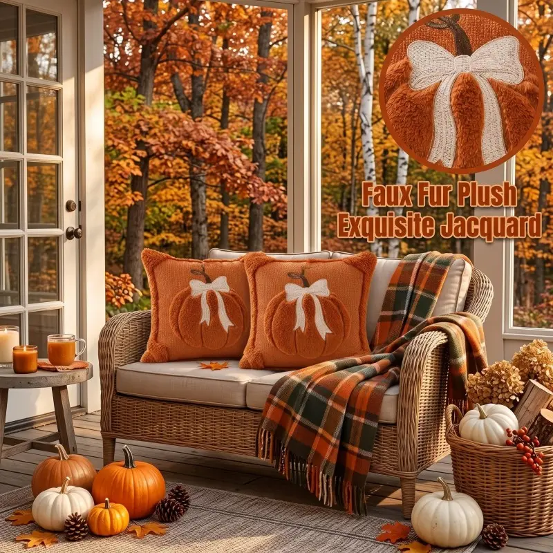 Set of 2 Jacquard Pumpkin Pillow Covers, Fall Autumn Farmhouse Decor Decoration with Bow, Thanksgiving Cushion Cases for Sofa & Bed, Covers Only, No Insert