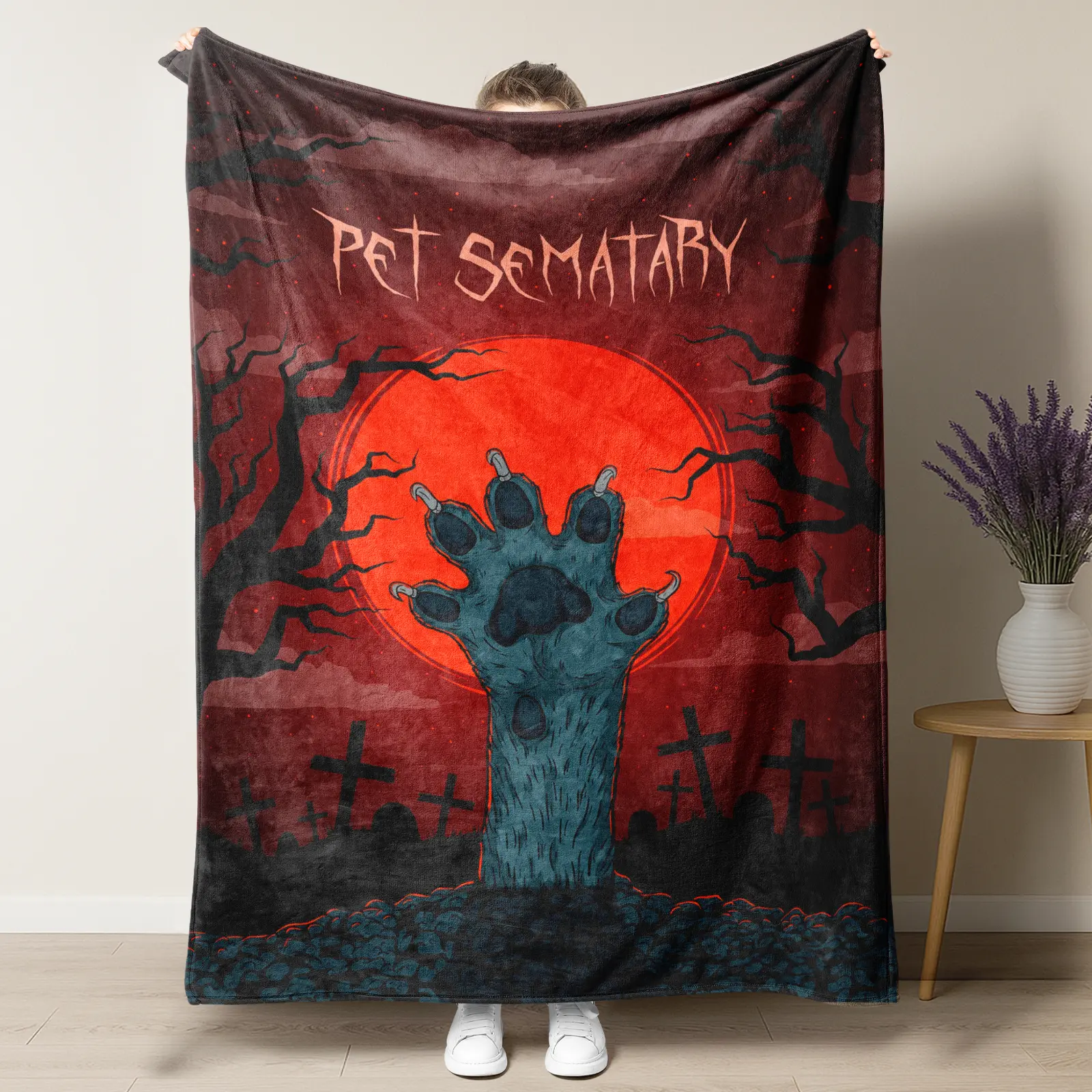 Vintage Horror Movie Pet Sematary Plush Blanket, Scary Cemetery Cross Tombstone Zombie Paw Blood Moon Pattern Soft Flannel Blanket, Warm Lightweight Blanket for Couch Bed, Halloween Gift for Horror Enthusiasts