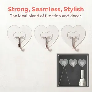 Heart Shaped Transparent Adhesive Hooks, Waterproof Oilproof 180° Swivel No Drill Wall Hangers, Heavy Duty Seamless Sticky Hooks For Bathroom Kitchen Entryway, Home Organization Decor Storage Accessories-YY0