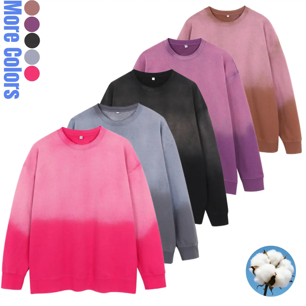 Unisex Gradient Washed Distressed Crew Neck Sweatshirt, Oversize Loose French Terry Casual Top for Men & Women