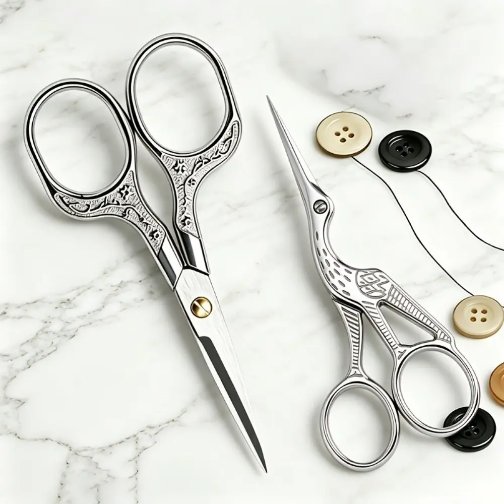 2-Piece Vintage Carved Stainless Steel Handmade Small Scissors Set, Crane Shape Portable Embroidery Paper Cutting Scissors, Home Sewing Thread Trimming Craft Scissors