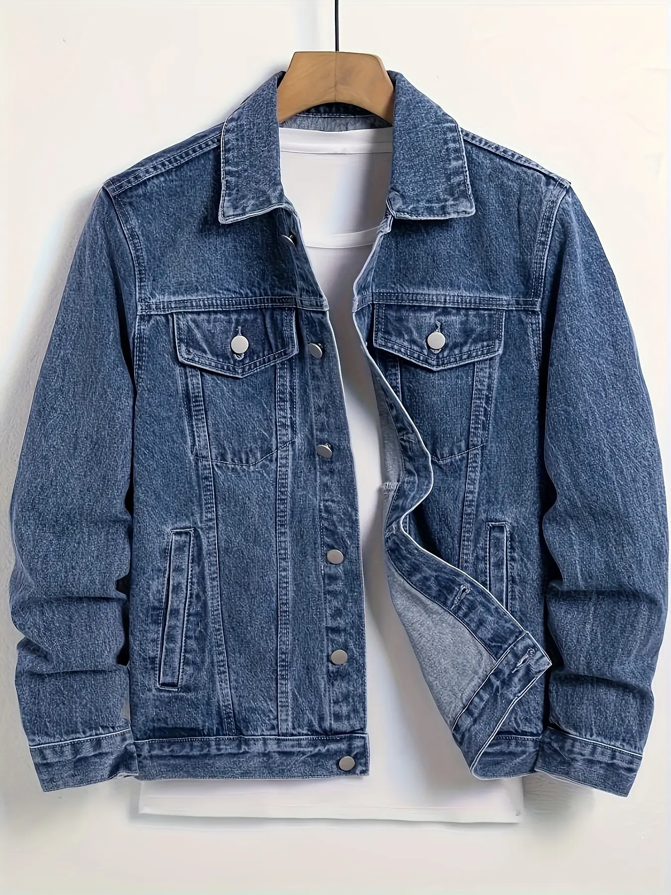 Men's Casual Washed Denim Jacket Coat, Stylish Outerwear for Everyday Wear, Comfortable and Trendy Men's Clothing, Perfect for Fall & Winter