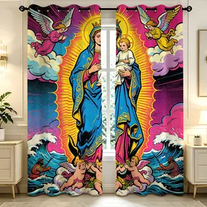 2 Piece Pop Art “Madonna and Angels” Printed Blackout Curtains: High-Saturation Curtains Ideal for Catholic Believers, Christian Families, and Religious Enthusiasts, With a Light Blocking Rate of 50%–70%.
