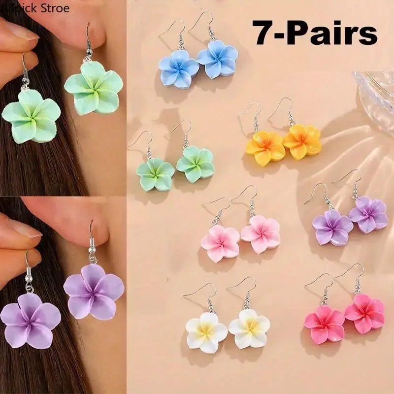 7 Pairs Bohemian Women's Colorful Flower Dangle Earrings Set - Vibrant Retro 3D Flower Handmade Candy Color Earrings Elegant Plumeria Earrings for Vacation & Casual Attire, Chic & Adorable Design Travel Beach Jewelry