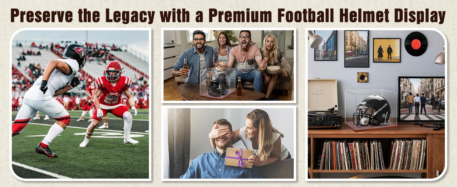 Full Size Football Helmet Display Case - 15.4×11×11.8in Interior, 100% Wooden Base, Compatible with Baseball/Motorcycle/Racing Helmets, High-Transparency Acrylic with UV Protection