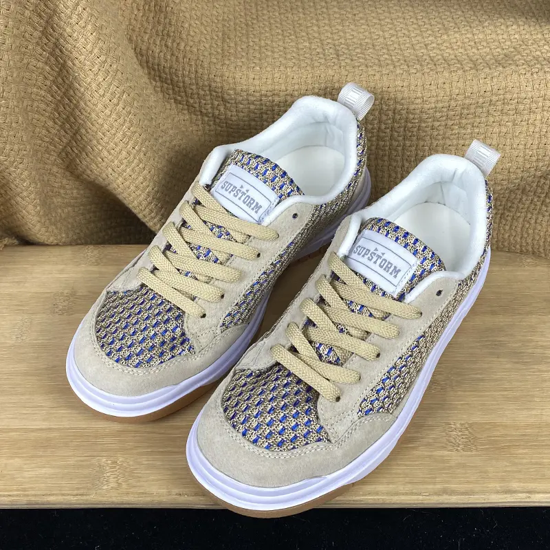 Khaki Blue Mixed Woven Jacquard Chunky Platform Skate Sneakers Unisex Suede Patchwork Thick Beige Rope Laces White Layered Gum Sole Retro Y2K Street Casual Shoes For Men Women Teen Daily OOTD Campus Streetwear