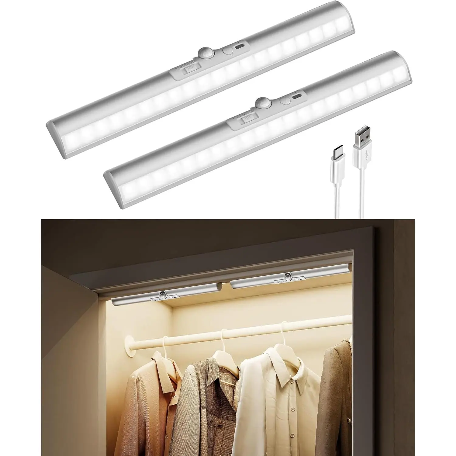 EZVALO 13-inch Motion Sensor Closet Lights, 1800mAh Rechargeable Battery Lights with Rotatable Sensor, Glare-Free, 3 Color Temps & Dimmable Cabinet Lights for Closet, Pantry, Wardrobe - 2 Pack