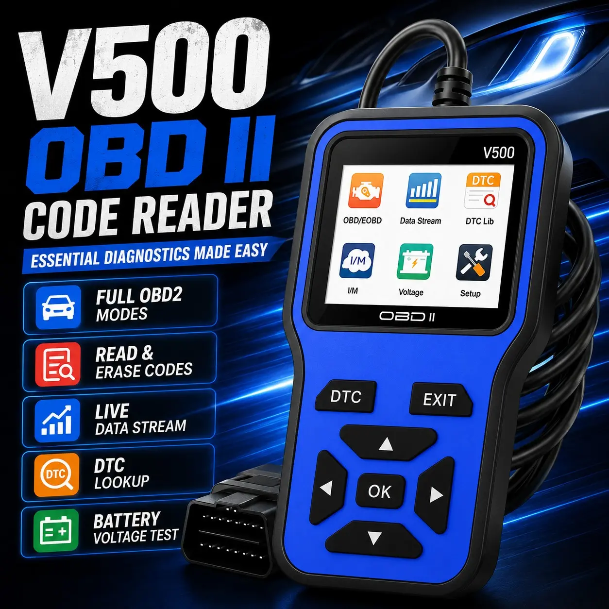 V500 Obd2 Scanner Automotive Diagnostic Tool, Check Engine Light Code Scanner, Reset, Dtc, Data Stream, I/m Readiness, Car & Truck Scan Tool