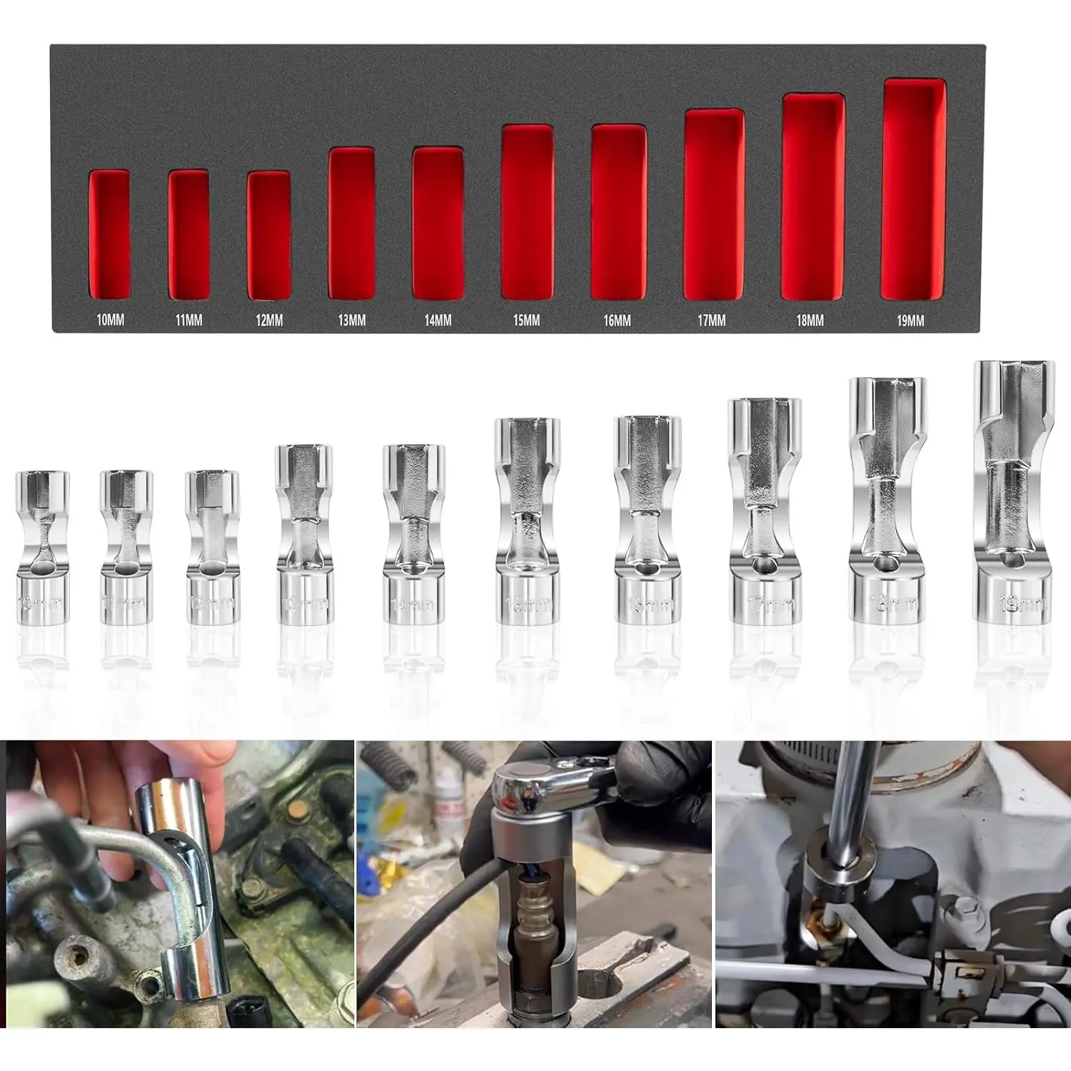 12030 Flare Nut Socket Set, 3/8" Square Drive  Injector  Line Socket Wrench Set, 10mm-19mm (10PCS)