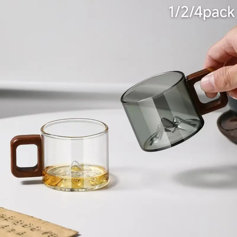 Mountain View High Borosilicate Glass Tea Cups, Transparent Cup, with Walnut Wood Handle, Heat Resistant, Food Grade BPA Free Lead & Cadmium Free, Dishwasher Safe Easy Clean Reusable, Perfect for Tea Coffee, Great for Home Office Cafe Daily Use