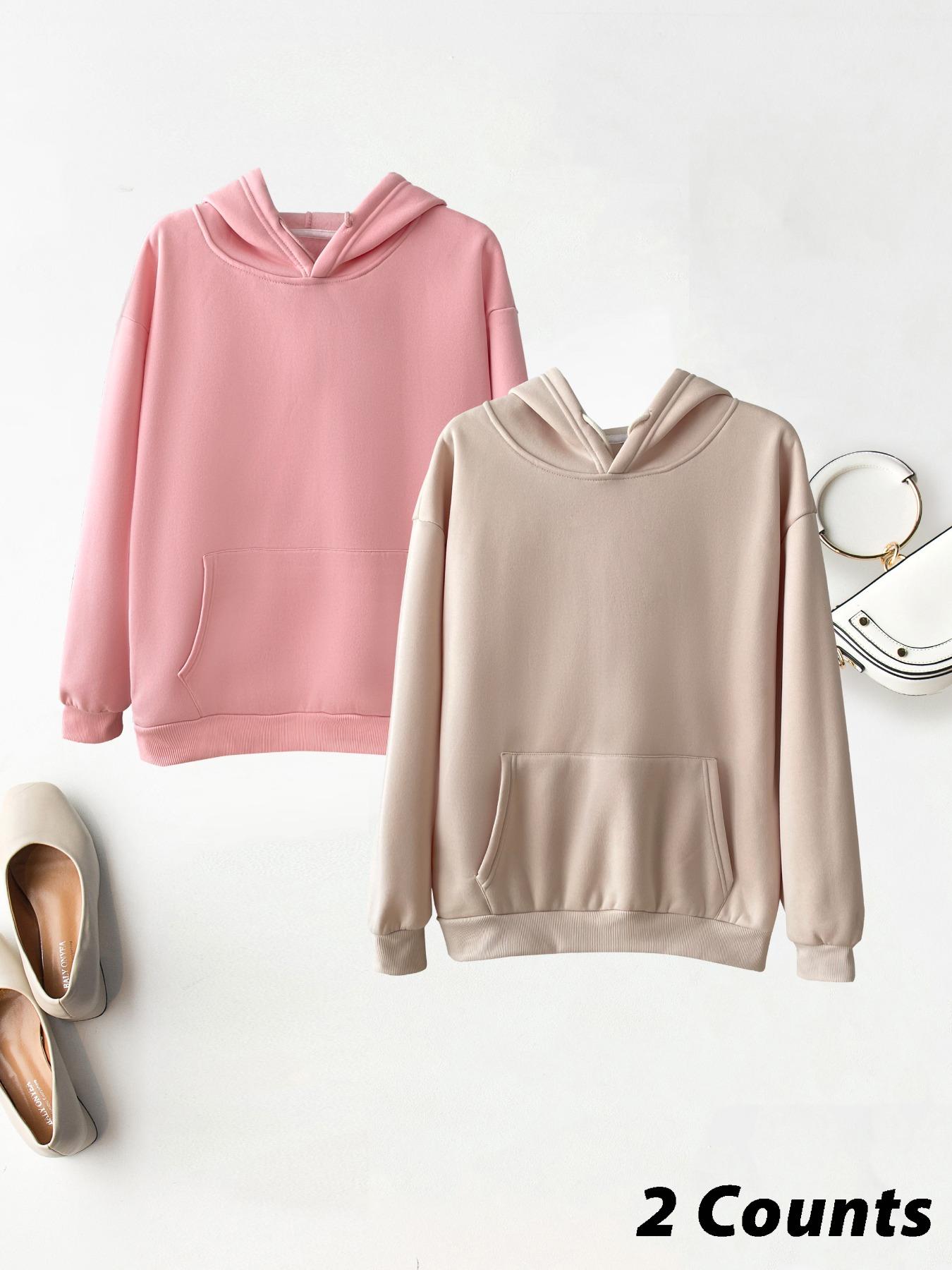 Women's Solid Color Drawstring Pocket Hoodie, Casual Minimalist Loose Basic Knit Long Sleeve Hooded Sweatshirt for Fall & Winter, Women's Clothes for Daily Wear, Womenswear