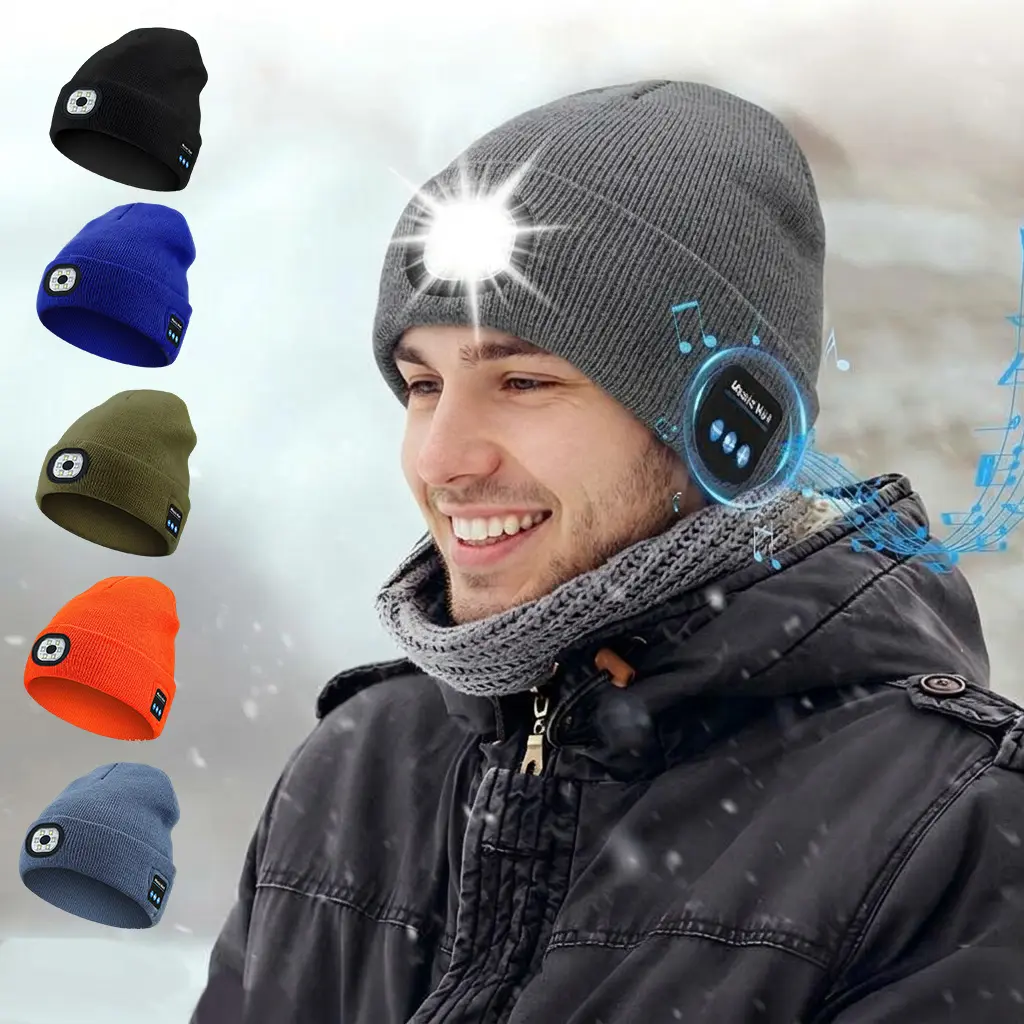 LED Rechargeable USB Bluetooth Lighted Hat with Integrated Headphone Audio & 6 LEDs - Men's Accessories, Trendy Gift for Night Running, Skiing