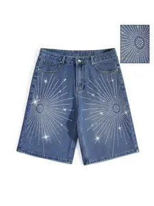Classic Blue Wash Radiant Fireworks Rhinestone Five-Pocket Jeans, High-Waisted Straight Leg, Y2K Trendy, Comfortable Denim Fabric