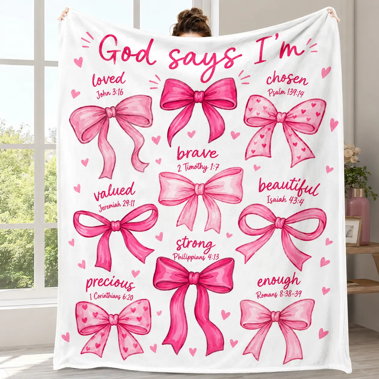 Countdown sales! Pink Bow Christian Blanket - "God says I am" Bible Text Fleece Blanket Etiquette Style Inspirational Gift - Jesus Faith Prayer Blanket for Home, Sofa, Bedroom - Religious Decoration for Christian Girls, Suitable for All Seasons