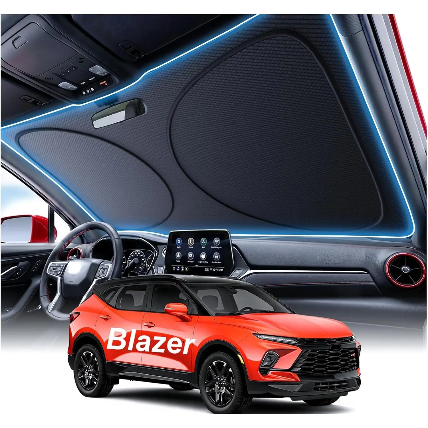 2026 Upgraded Foldable Windshield Sun Shade for Chevrolet Blazer, Precision Custom Full Cover, Superior UV & Heat Blocking, Cooling Tech Fabric, Durable, Easy Setup, with Storage Bag, Fits 2000-2005 & 2019-2025, Compact Shape