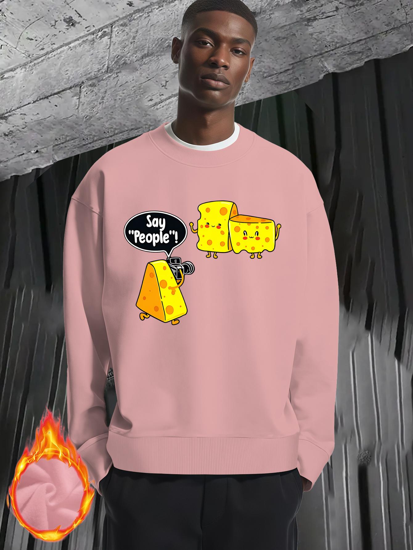 Men'S Funny Cheese & Cheese Slice Graphic Sweater - Oversized Round Neck Long Sleeve Thickened Winter Warmth, Loose Fit Casual Pullover with Cheese Slice & Cheese, Cheese Print - Comfortable Everyday Essential For Men, Cheese Sweater