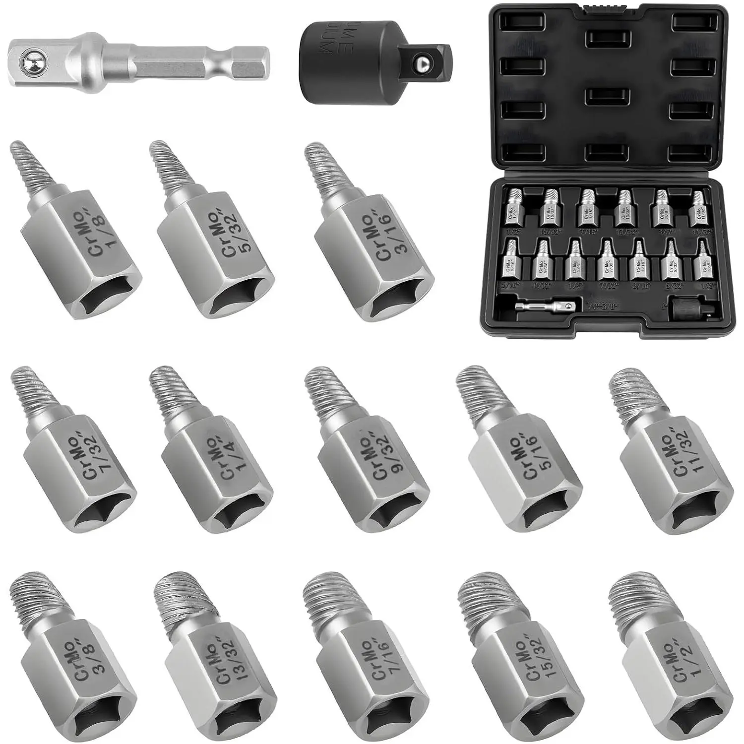 15 count Screw Extractor Set, 3/8" Hex Drive Bolt Extractor Kit | Multi-Spline Screw Remover Tool Kit, For Stripped, Rounded, Broken, Damaged Screws,  and Nuts