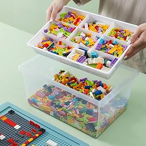 Plastic Storage Bins with Lids - 1 Set Stackable Arts Crafts Organizer Box with Removable Divided Tray &Compatible Building Baseplate,Toy Chest Containers for Bricks -White(14.37"x9.64"x6.69")