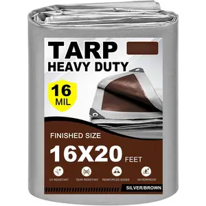 16Mil Tarps Heavy Duty  16x20 Finished Size, Large Outdoor Multipurpose Protective Cover (/Brown)