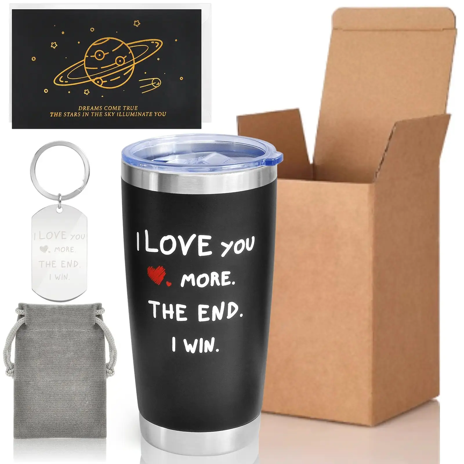20oz Stainless Steel Sturdy Insulated Leakproof BPA-Free Water Bottle Tumbler Flask with Customized Keychain, Greeting Card, Portable Beach Container, Birthday Gift for Boyfriends, Festive White Elephant Set in Box (Under $50)