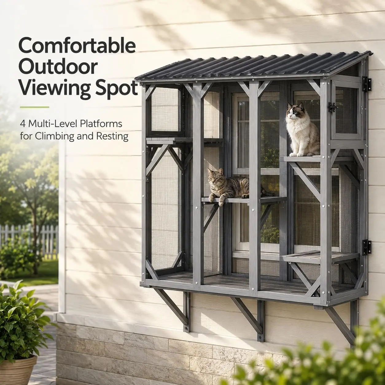 68-Inch Outdoor Cat Catio Enclosure, Wall-Mounted Cedar Wood Window Catio with 4 Multi-Level Platforms, Weather-Resistant Sloped Roof and Steel Mesh, Large Cat Patio House for Backyard or Porch