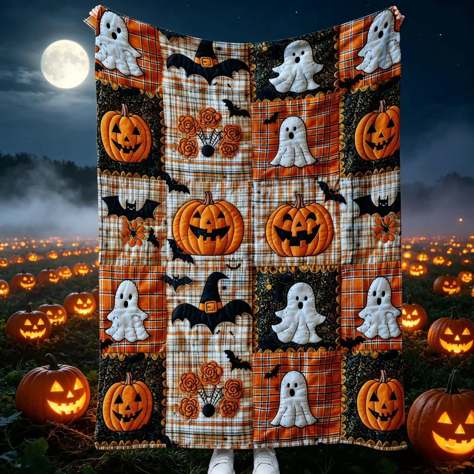 Halloween Pumpkin Ghost Bat Plaid Patchwork Quilted Blanket Soft Warm Plush Throw Blanket Fall Autumn Cozy Farmhouse Decor Couch Bed Nap Blanket Giftable Halloween Holiday Room Decor