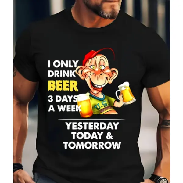 Women's 100% Pure Cotton Round Neck Shortsleeve T-Shirt - Cartoon Character Beer Humor Graphic Print, Unisex Garment, Soft Breathable Loose Fit Fabric, All Seasons Casual Tops for Bar Gatherings