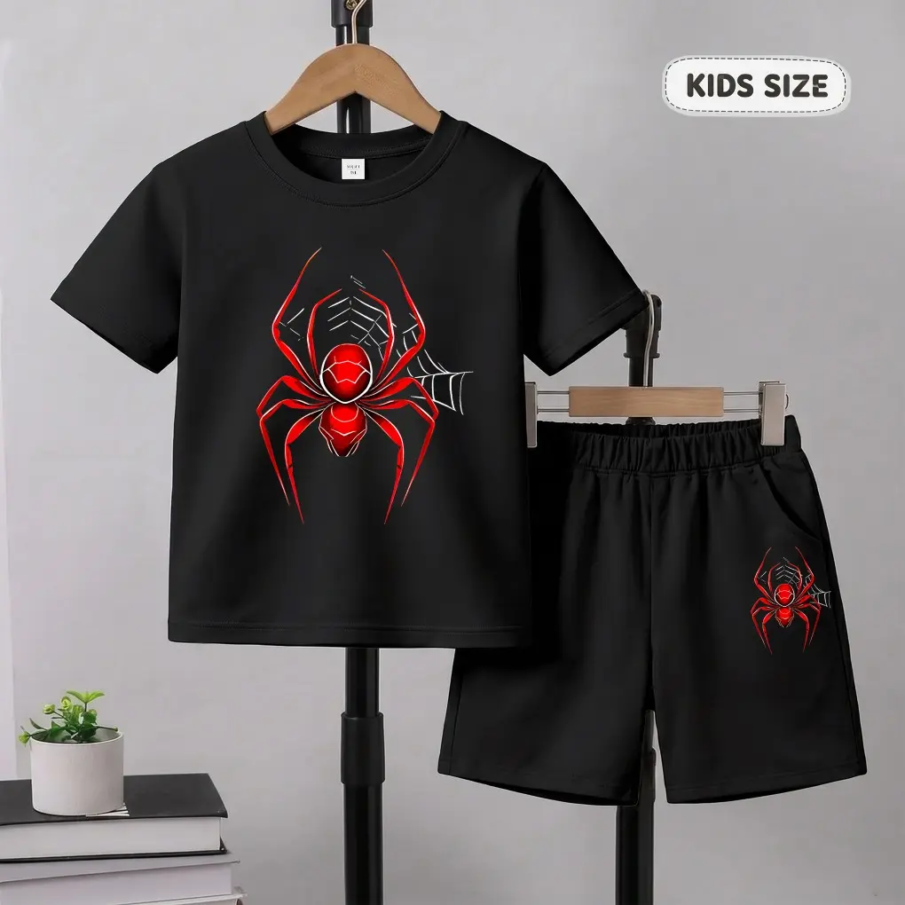 Boys' Adorable Style Spider Cartoon Print 2-Piece Set, Loose-Fitting T-Shirt & Shorts in Soft Breathable Fabric for Summer Daily Wear, Short